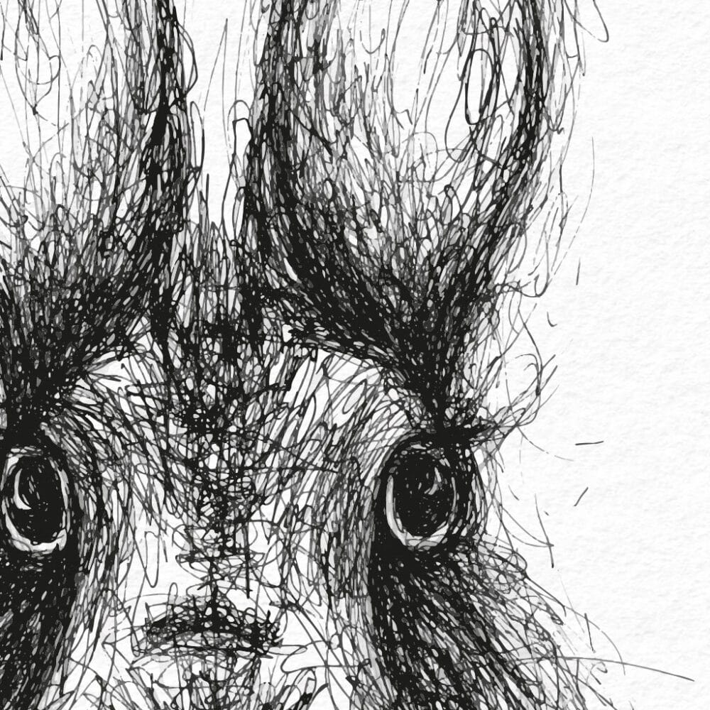 hand-drawn black and white scribble illustration print of a rabbit, zoomed in