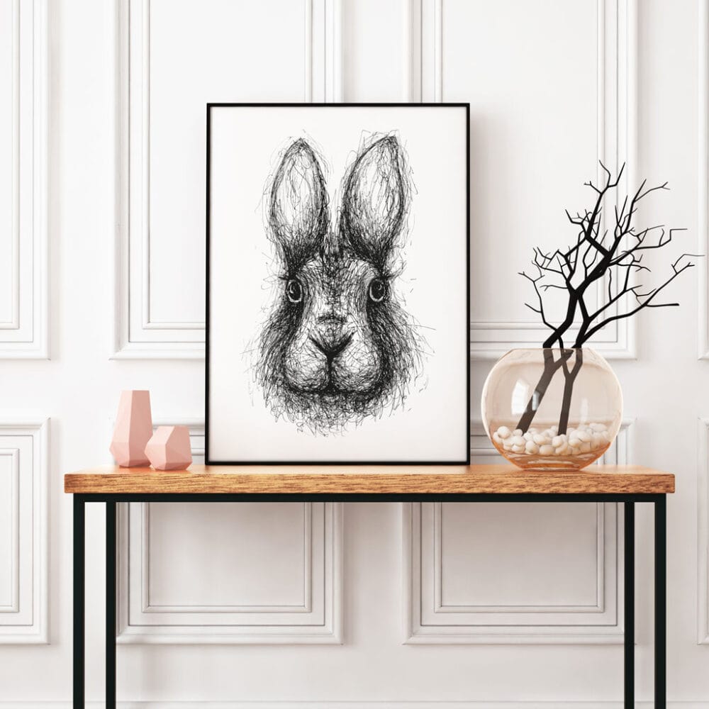 Bunny art print. Hand-drawn black and white scribble illustration print of a rabbit.