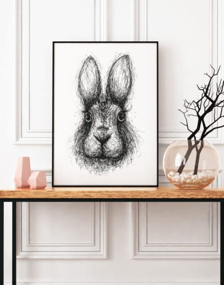 Bunny art print. Hand-drawn black and white scribble illustration print of a rabbit.