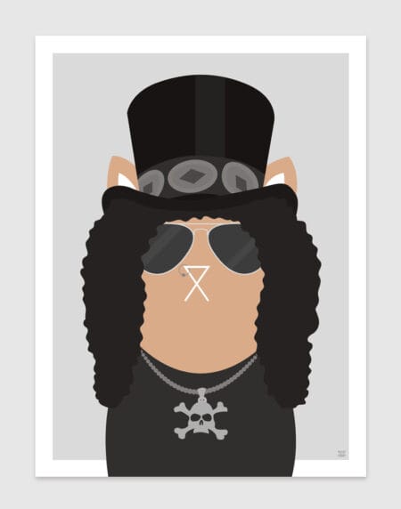 Tongue-in-cheek vector illustration of a cat depicted as Slash from the band Guns 'n Roses, wearing a black hat and clothes
