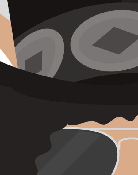 Tongue-in-cheek vector illustration of a cat depicted as Slash from the band Guns 'n Roses, wearing a black hat and clothes