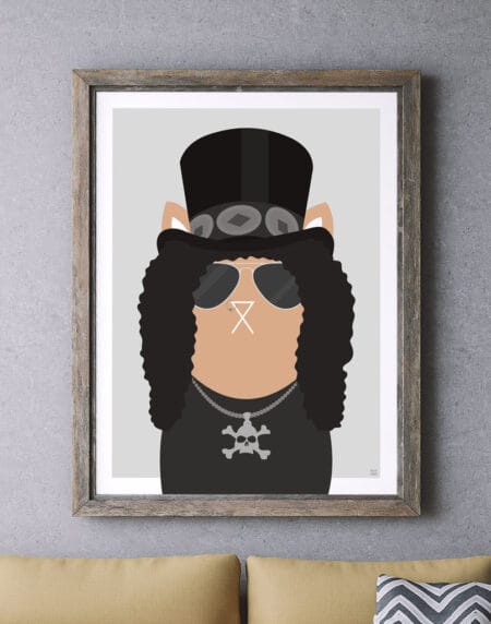 Tongue-in-cheek vector illustration of a cat depicted as Slash from the band Guns 'n Roses, wearing a black hat and clothes