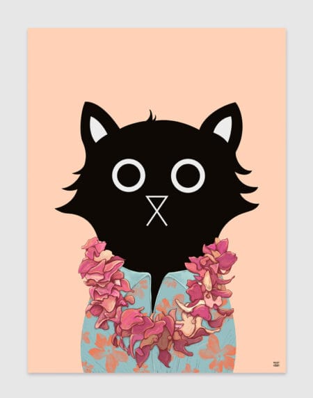 a black cat wearing a Hawaiian shirt and flower lei, in pinks, teals, on a light peach background