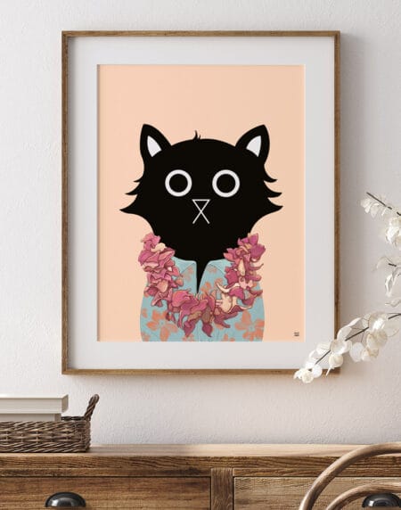 a black cat wearing a Hawaiian shirt and flower lei, in pinks, teals, on a light peach background