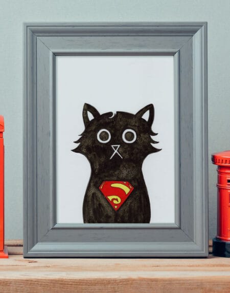 ink and salt black cat illustration print, wearing the superhero, Superman's chest badge logo
