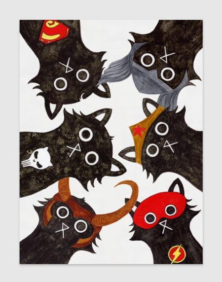 hand-drawn salt and ink illustration print, depicting superhero cats Thor, Loki, Punisher, Supercat, Wondercat and Flash cat