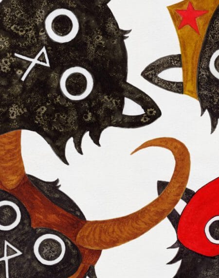 hand-drawn salt and ink illustration print, depicting superhero cats zoomed in