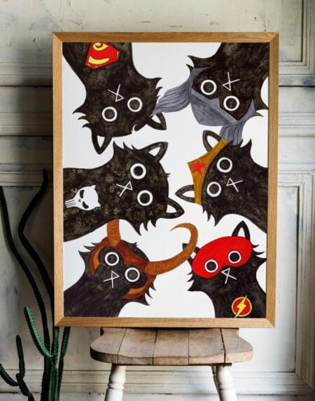 hand-drawn salt and ink illustration print, depicting superhero cats Thor, Loki, Punisher, Supercat, Wondercat and Flash cat