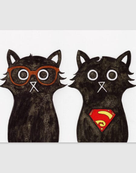 ink and salt black cat duo illustration print, featuring Clark cat and Super Cat next to each other