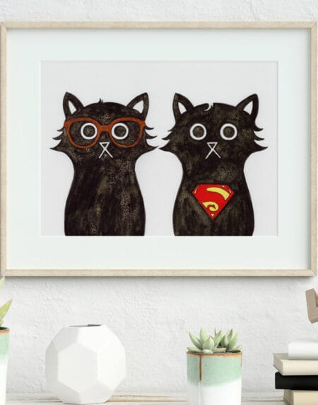 ink and salt black cat duo illustration print, featuring Clark cat and Super Cat next to each other