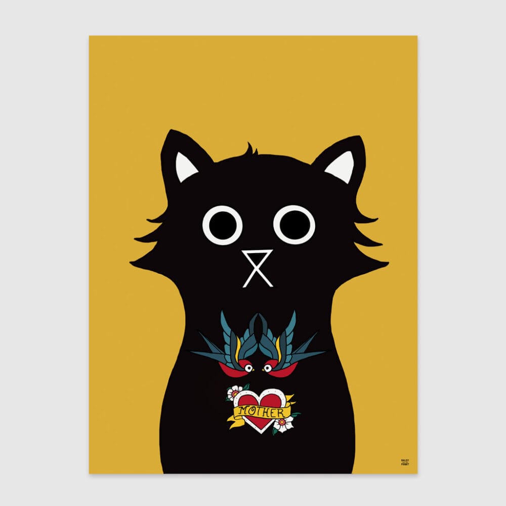 digitally drawn black cat on a yellow background, with tattoos on it's chest