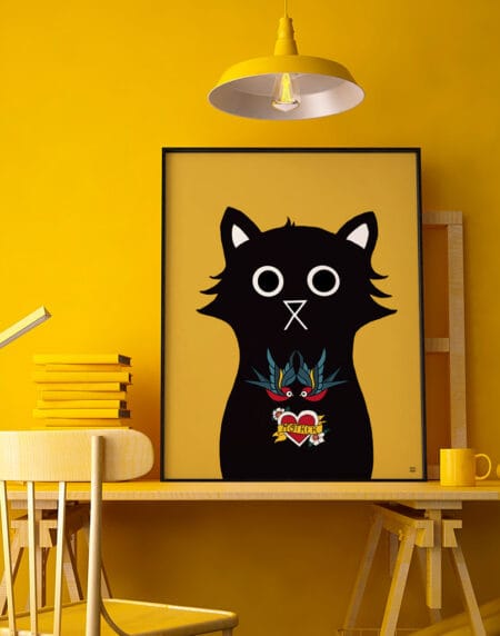 digitally drawn black cat on a yellow background, with tattoos on its chest