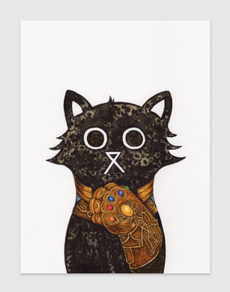 hand-drawn salt and ink illustration print, depicting a cute cat dressed with the Thanos glove