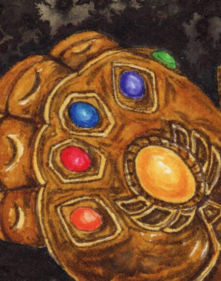hand-drawn salt and ink illustration print, depicting a cute cat dressed with the Thanos glove zoomed in