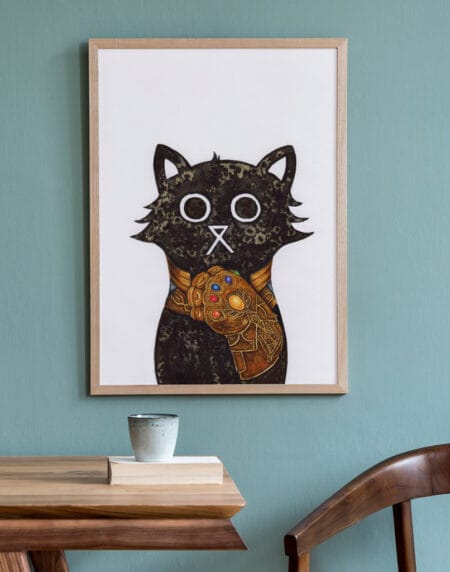 hand-drawn salt and ink illustration print, depicting a cute cat dressed with the Thanos glove