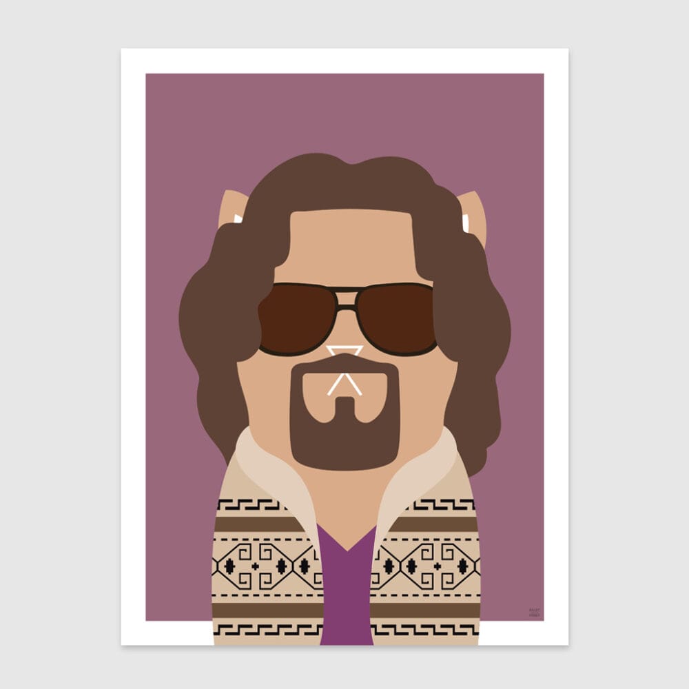 tongue and cheek vector illustration of a cat depicted as The Dude from The Big Lebowski, wearing a cardigan and sunglasses