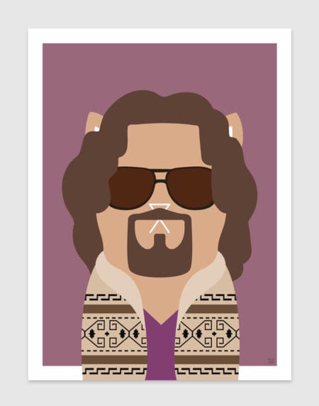 tongue and cheek vector illustration of a cat depicted as The Dude from The Big Lebowski, wearing a cardigan and sunglasses