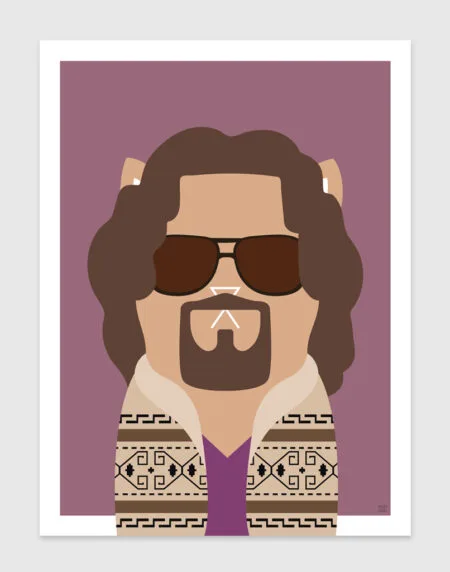 tongue and cheek vector illustration of a cat depicted as The Dude from The Big Lebowski, wearing a cardigan and sunglasses
