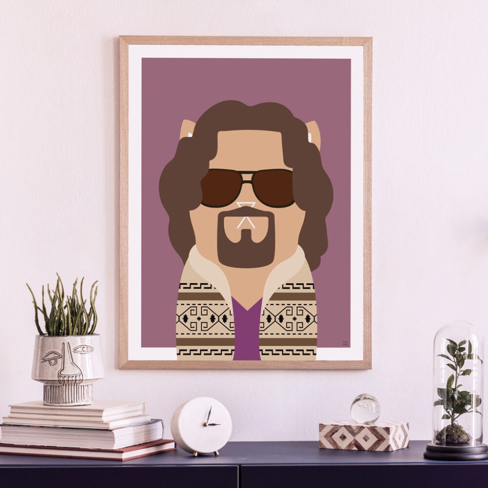 tongue and cheek vector illustration of a cat depicted as The Dude from The Big Lebowski, wearing a cardigan and sunglasses