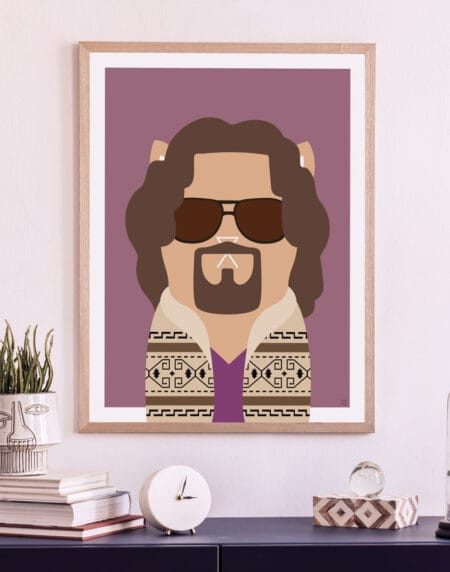 tongue and cheek vector illustration of a cat depicted as The Dude from The Big Lebowski, wearing a cardigan and sunglasses
