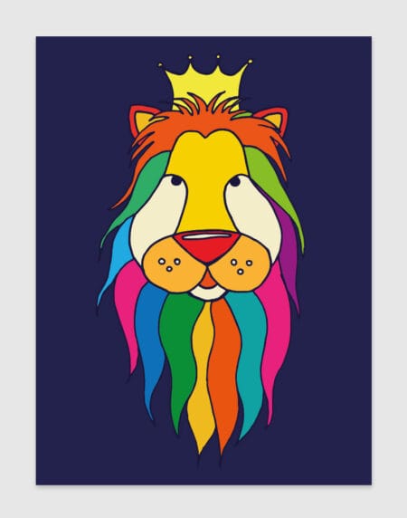 a brightly multi-coloured, hand-drawn lion illustration print with a crown, on a dark blue background