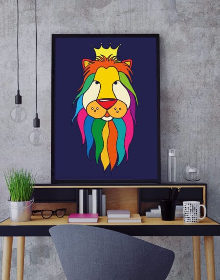 a brightly multi-coloured, hand-drawn lion illustration print with a crown, on a dark blue background