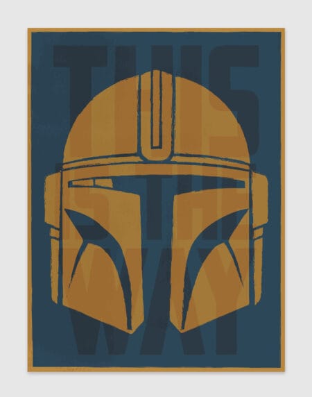 A typographic illustration of a Mandalorian helmet, with the words This Is The Way in dark blue and gold colours