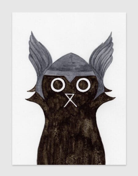 ink and salt black cat illustration print, wearing the superhero, Thor's helmet