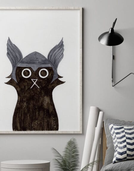 ink and salt black cat illustration print, wearing the superhero, Thor's helmet