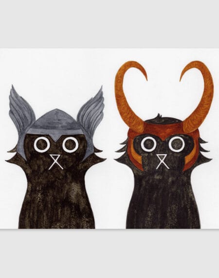 ink and salt black cat duo illustration Marvel print, featuring Asgard's Thor and Loki next to each other