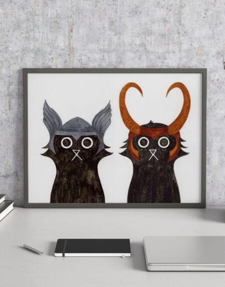 created in ink and salt, a superhero black cat duo illustration print, featuring Asgard's Thor and Loki next to each other