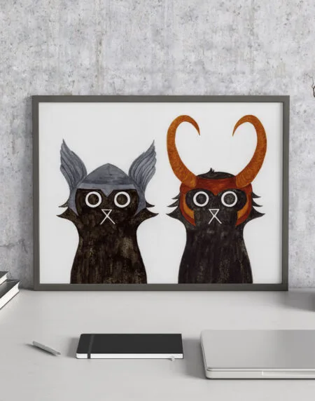 created in ink and salt, a superhero black cat duo illustration print, featuring Asgard's Thor and Loki next to each other