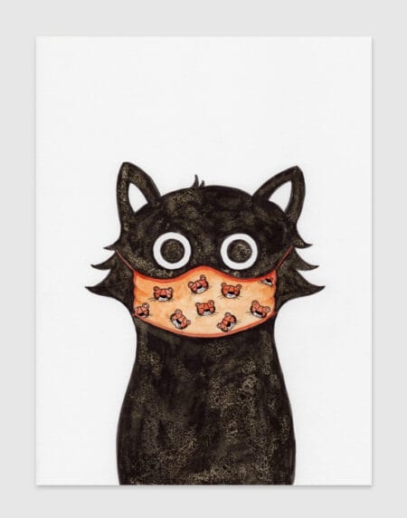 ink and salt illustration print of a black cat, wearing an orange mask covered in tiger heads