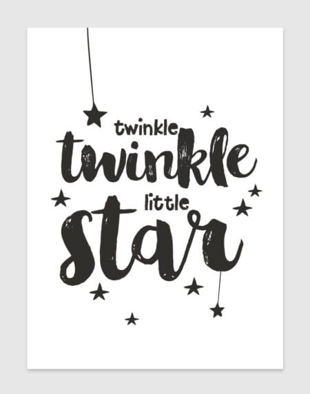 a black and white typographic illustration print of the children's nursery rhyme, twinkle, twinkle