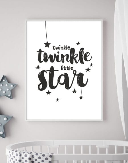 a black and white typographic illustration print of the children's nursery rhyme, twinkle, twinkle