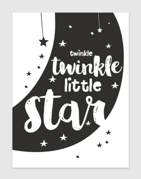 a black and white typographic illustration print of the children's nursery rhyme, twinkle, twinkle