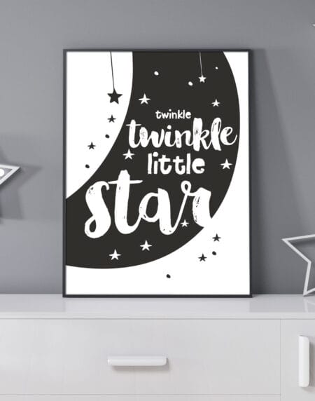 a black and white typographic illustration print of the children's nursery rhyme, twinkle, twinkle
