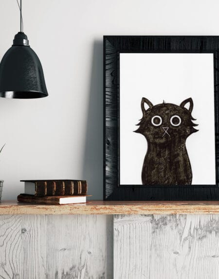 an ink and salt black cat hand-drawn illustration print