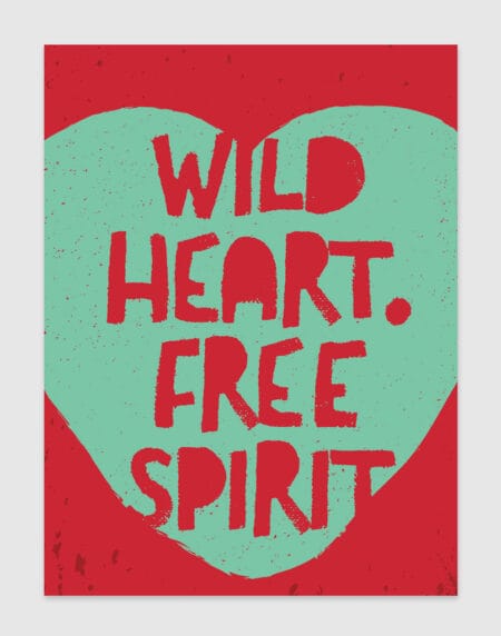 a typographic illustration print set within a turquoise heart, on a red background