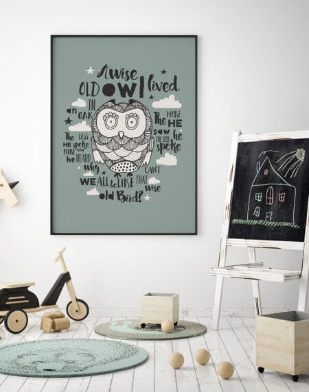 a typographic and illustration print, featuring an owl and nursery rhyme wording, set on a dark turquoise background
