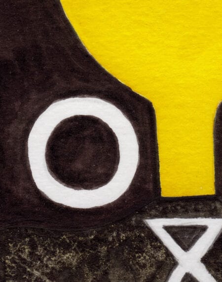 hand-drawn salt and ink illustration print, depicting a cat dressed as Wolverine with a bright yellow mask zoomed in