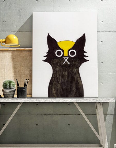 hand-drawn salt and ink illustration print, depicting a cat dressed as Wolverine with a bright yellow mask