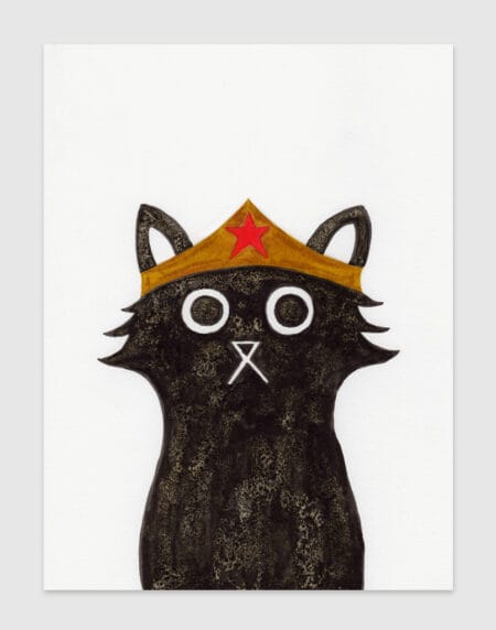 ink and salt black cat illustration print, wearing the superhero, Wonder-woman's helmet