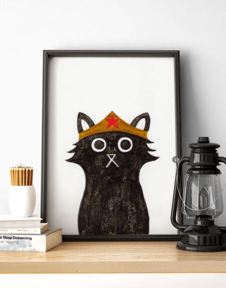 ink and salt black cat illustration print, wearing the superhero, Wonder-woman's helmet