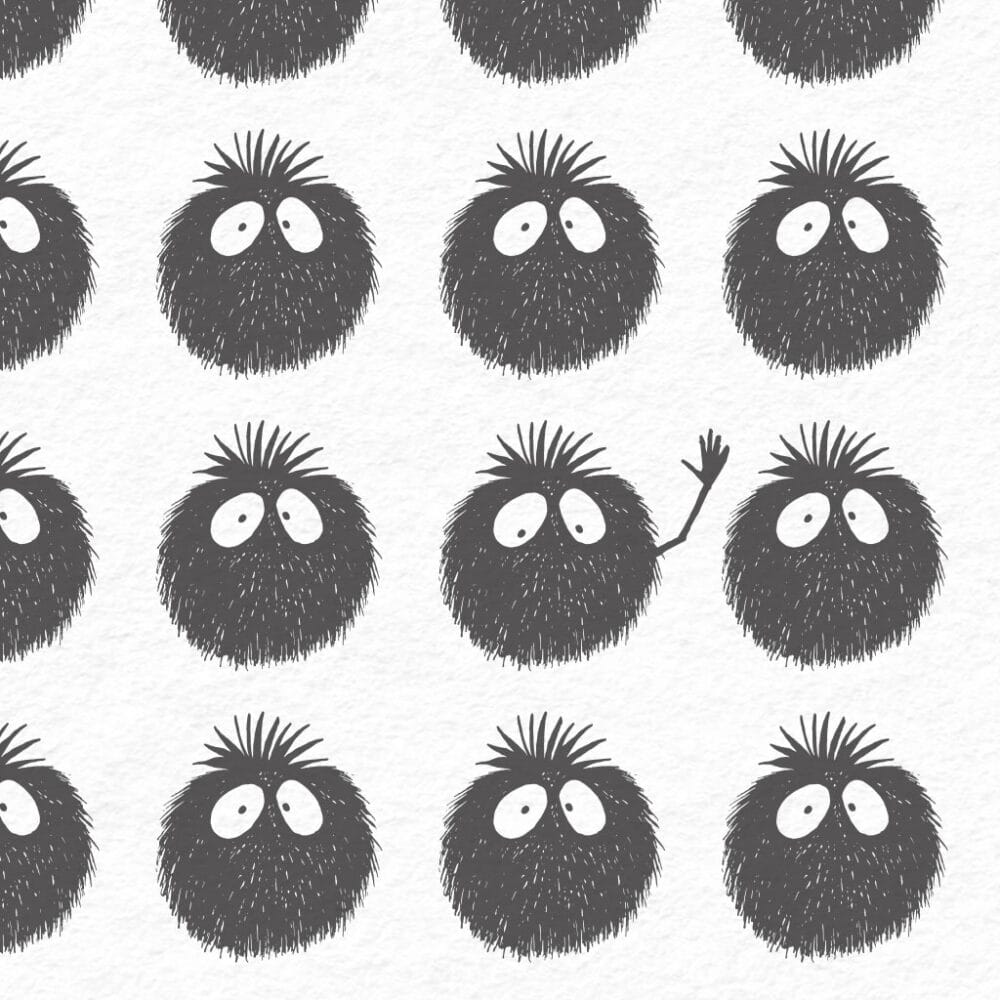 our little peekaboo monster print in a collage where one is waving, zoomed in