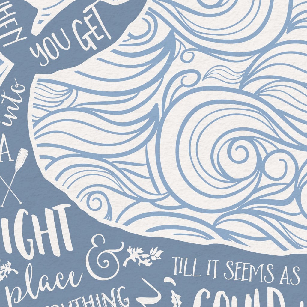 a typographic illustration print of a whale with wording over the top, surrounded by waves, zoomed in