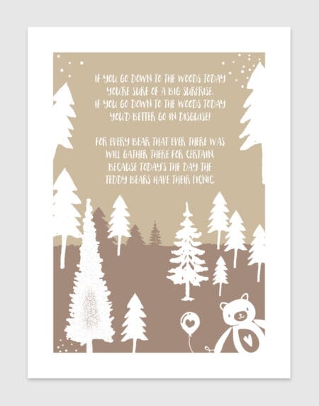 teddy bears picnic print, showing a portion of the story with cute trees and bear graphics