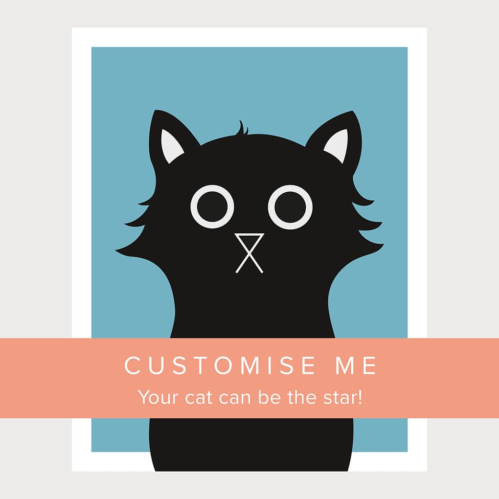 an image showing the Baldy and Fidget standard black cat that can be customised and personalised