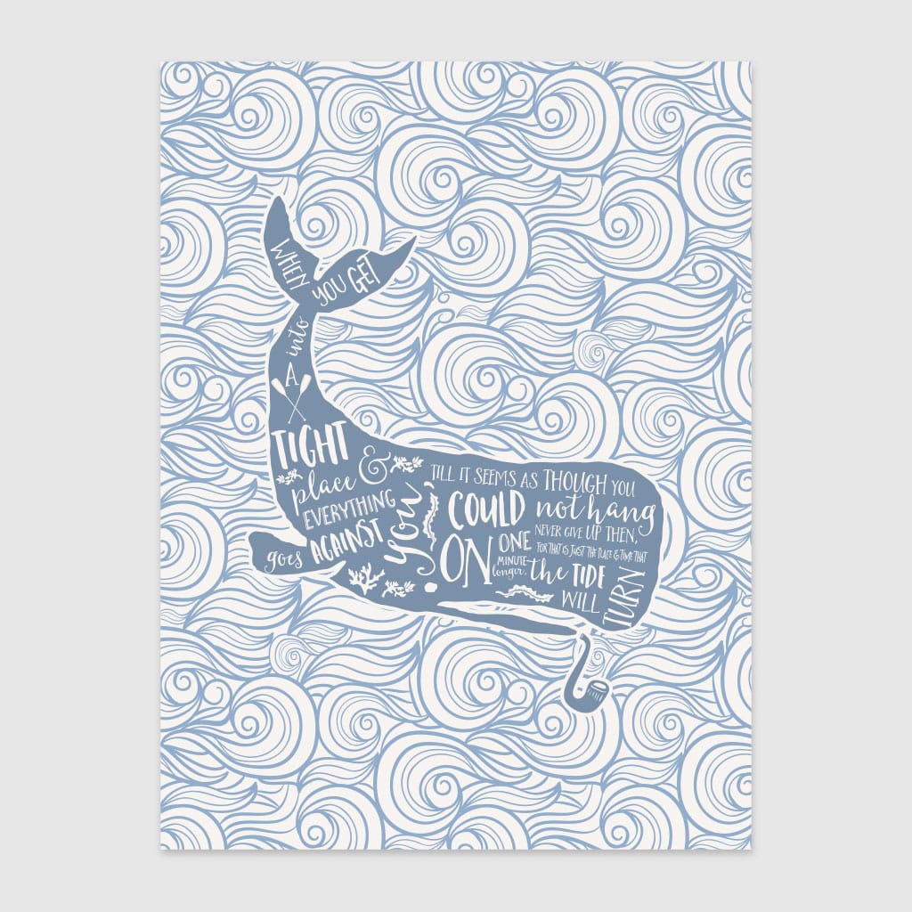 a typographic illustration print of a whale with wording over the top, surrounded by waves