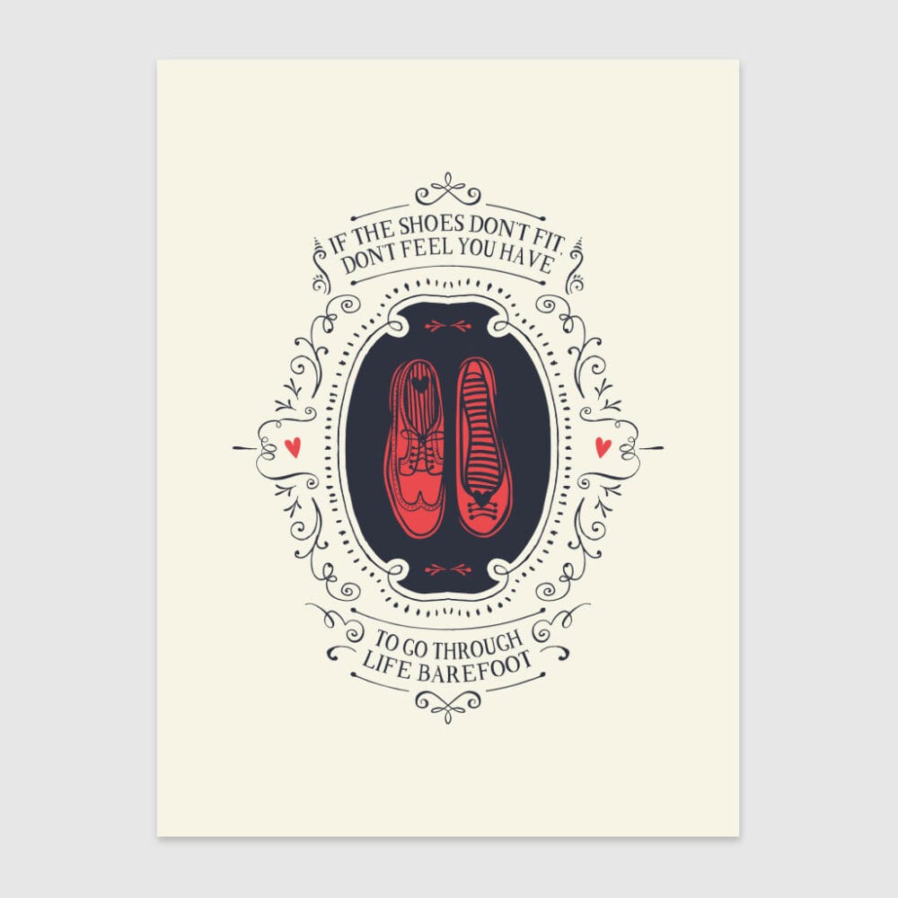 a typographic illustration using shoe icons, with wording scrolled around the outside, if the shoes doesn't fit